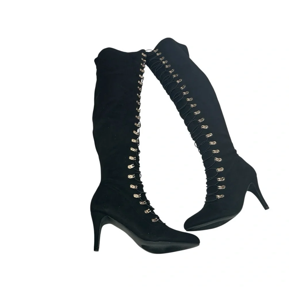 Journee Trill Black Wide Calf Thigh High Heeled Lace Up Boot Women’s Size 8.5